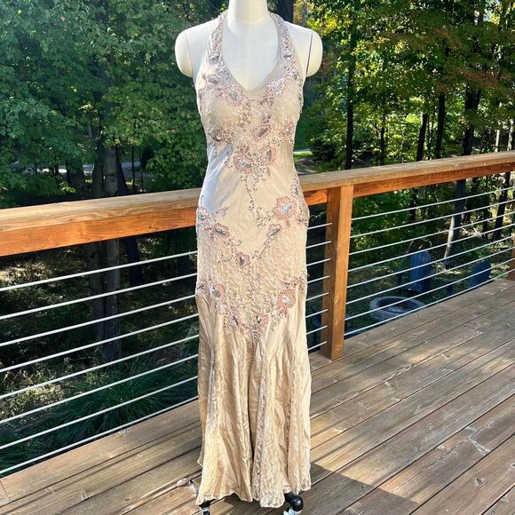 Vintage Cache Beaded Gold & Tan Lace Silk Formal Dress Gown - Picture 5 of 10